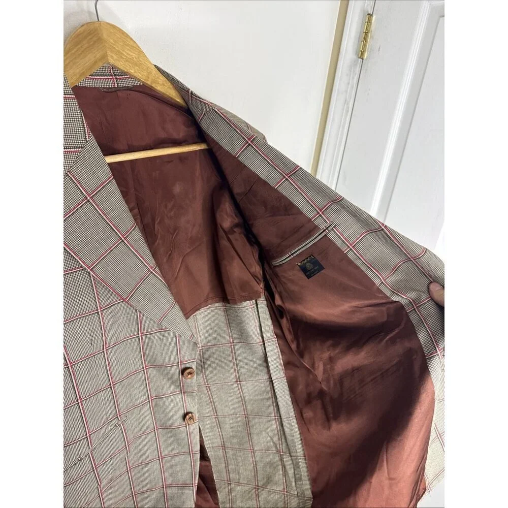 Vintage 70s 80s Men’s 40L Tall Wool Blazer Sport Coat Windowpane Plaid Retro Mod